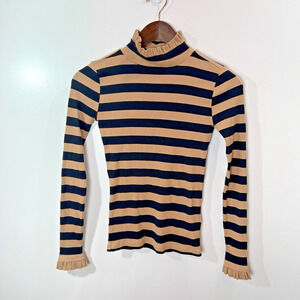 J.Crew Women's Ribbed Stripe Turtleneck Size XXS Black Brown Ruffles French Girl
